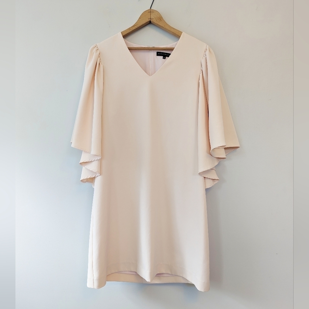 Abbey Glass Pink Draped Dramatic Sleeve Dress Minimalist Preppy